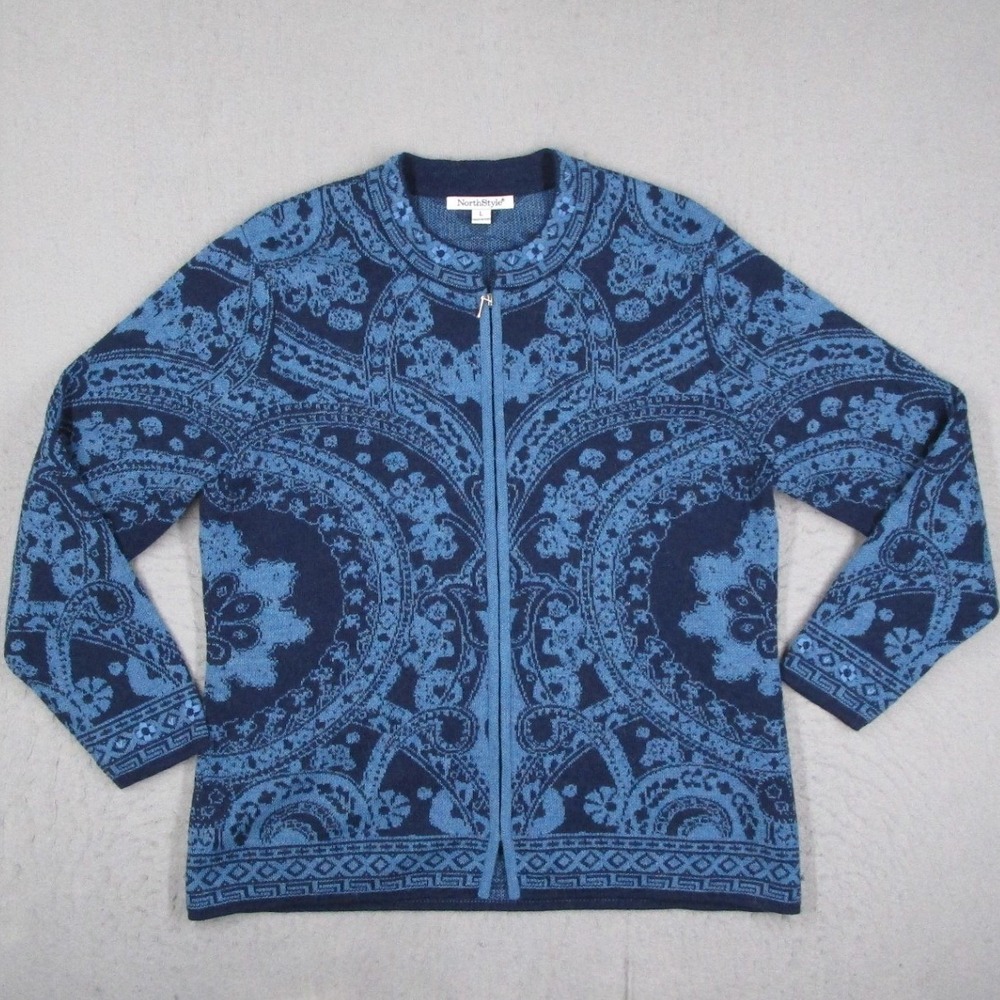 NorthStyle Alpaca Blend Full Zip Cardigan Sweater Blue Paisley Jacquard Womens L